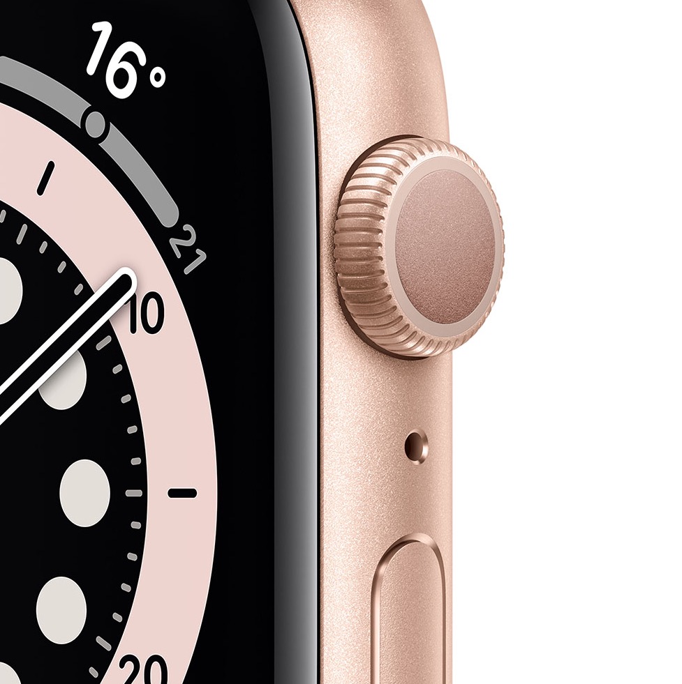 Фото — Apple Watch Series 6, 44 мм, алюминий золотого цвета, спортивный ремешок цвета «розовый песок»