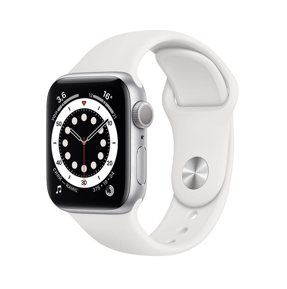 Фото — Apple Watch Series 6, 40 мм, алюминий серебристого цвета, спортивный ремешок белого цвета