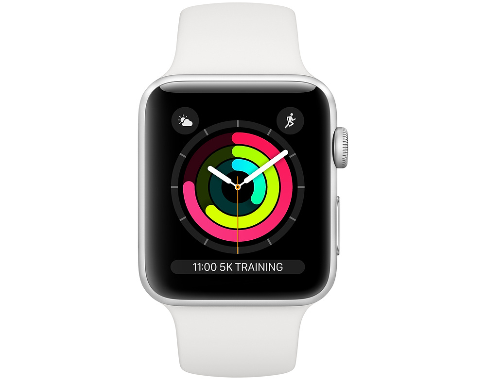 Фото — Apple Watch Series 3, 42 мм, алюминий серебристого цвета, спортивный ремешок белого цвета