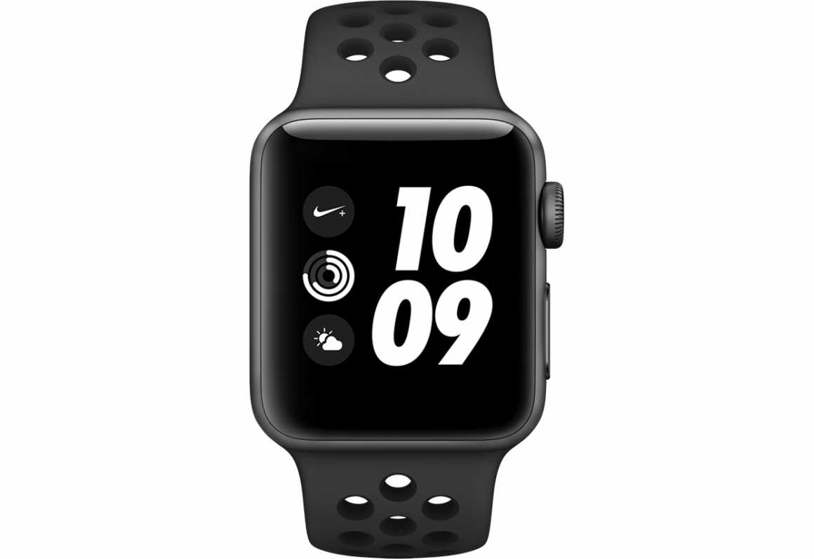 Фото — Apple Watch Nike+ Series 3, 38 мм, алюминий цвета «серый космос», ремешок Nike «антрацитовый/черный»