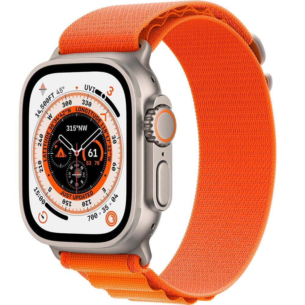 Фото — Apple Watch Ultra GPS + Cellular, 49 мм, корпус из титана, ремешок Alpine оранжевого цвета S