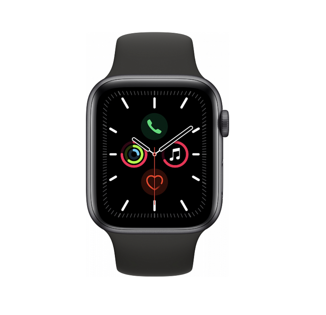 Фото — Apple Watch Series 5, 44 мм, алюминий цвета «серый космос», спортивный ремешок черного цвета