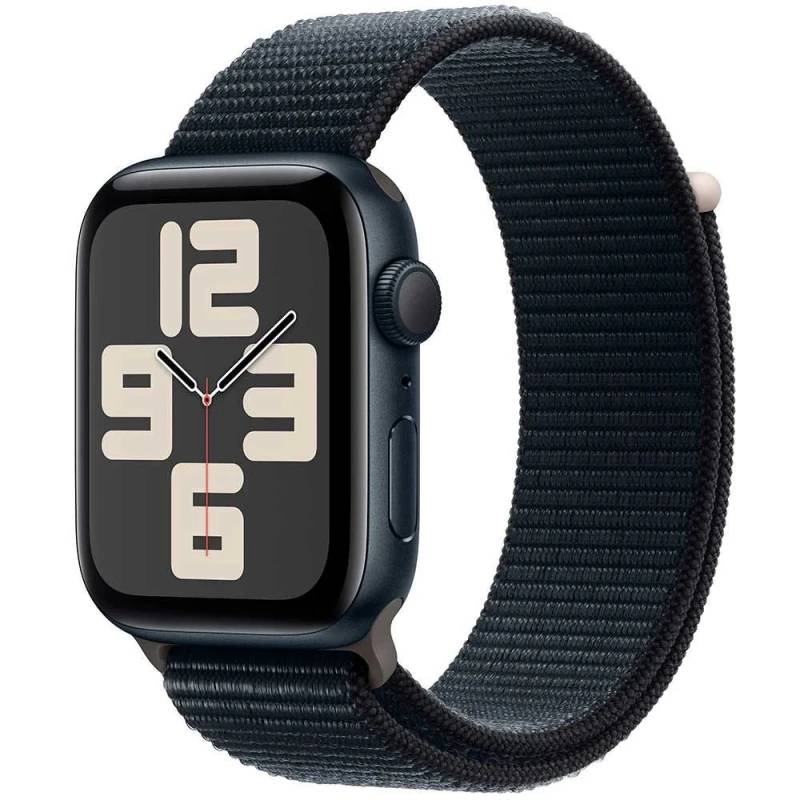 Фото — Apple Watch SE (2-е поколение 2023), 44 мм, алюминий цвета «темная ночь», тканевый ремешок