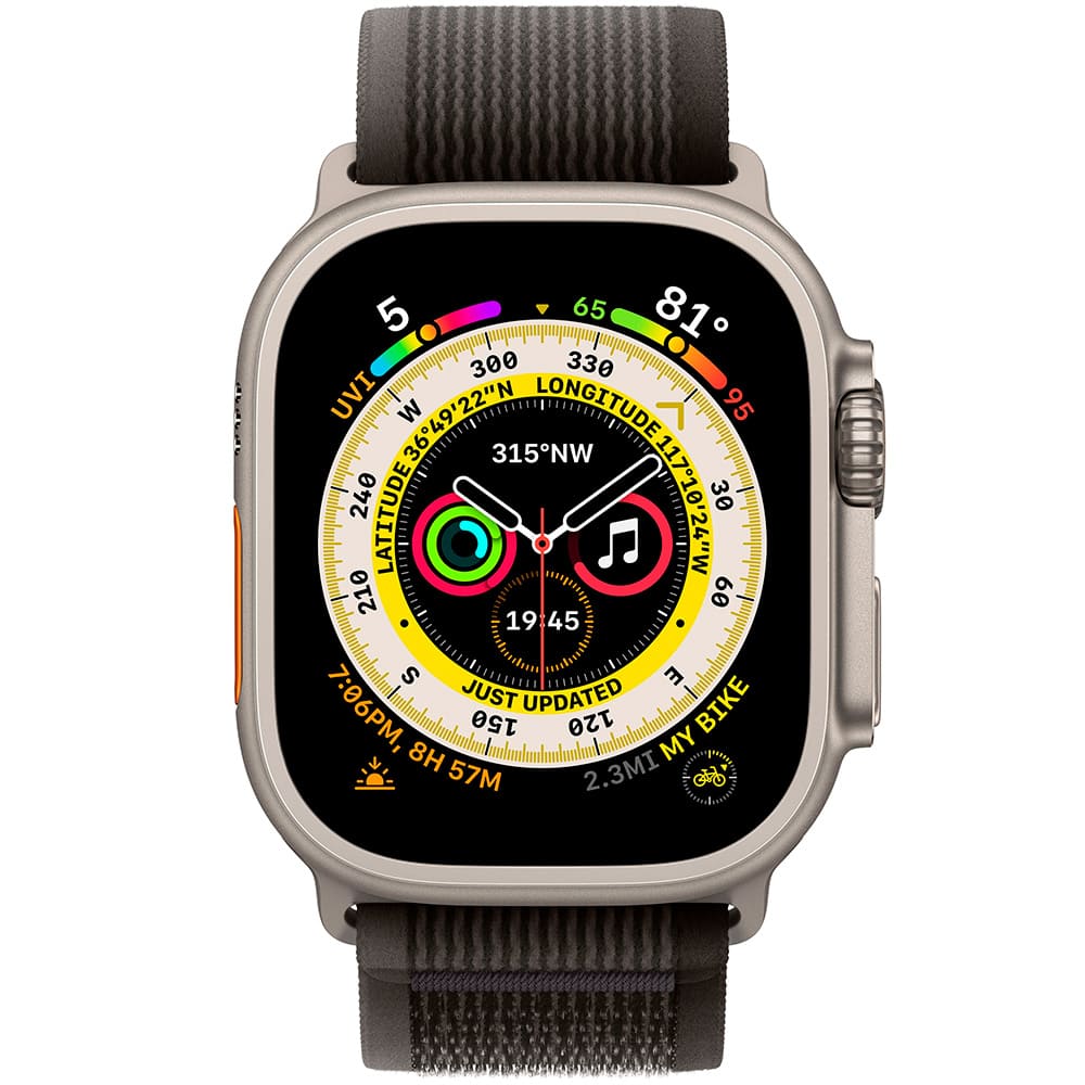 Фото — Apple Watch Ultra GPS + Cellular, 49 мм, корпус из титана, ремешок Trail черного/серого цвета S/M