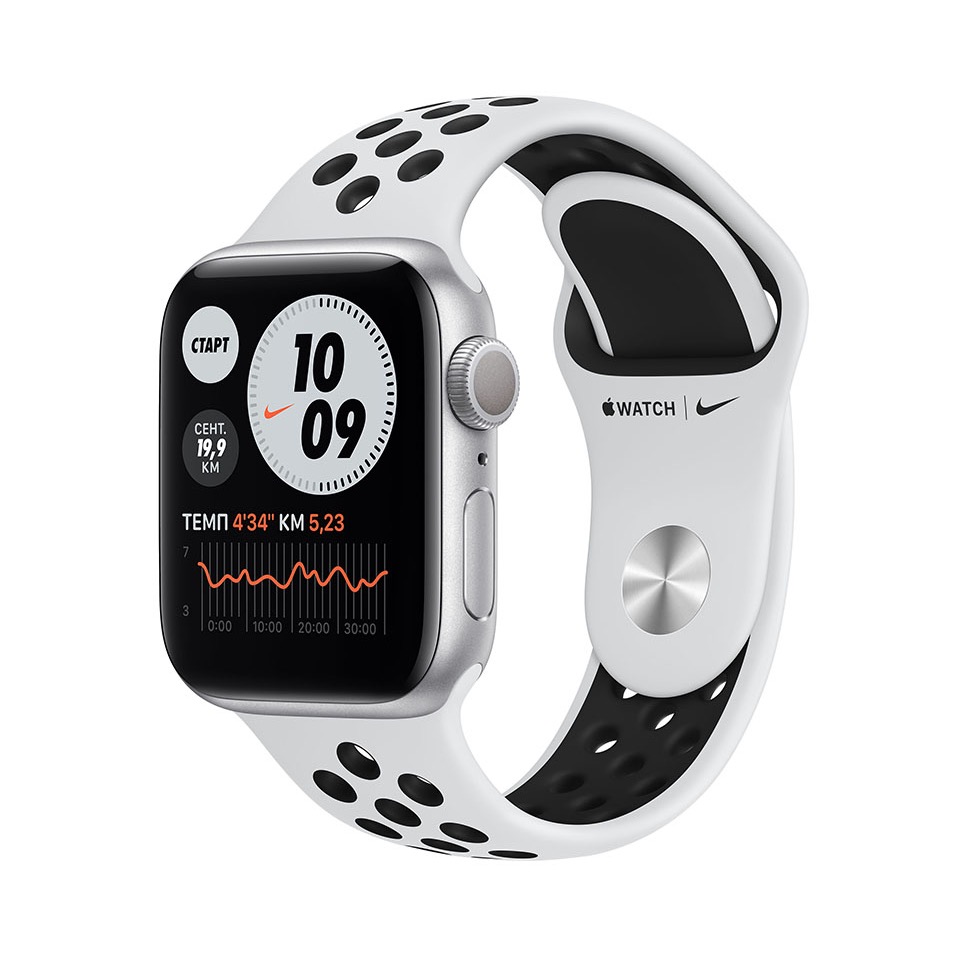Фото — Apple Watch Nike Series 6, 40 мм, алюминий серебристого цвета, ремешок Nike «чистая платина/черный»
