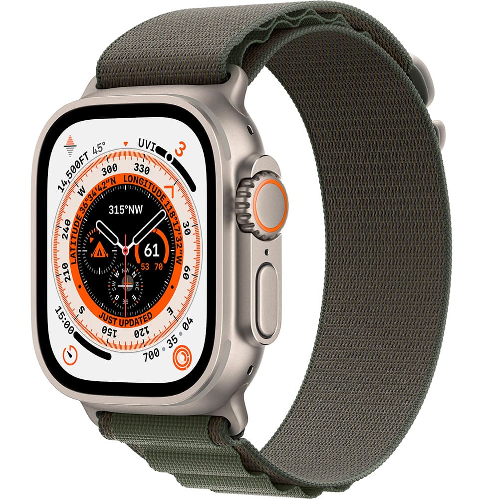 Фото — Apple Watch Ultra GPS + Cellular, 49 мм, корпус из титана, ремешок Alpine зеленого цвета S