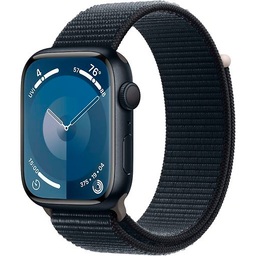 Фото — Apple Watch Series 9, 45 мм, корпус из алюминия цвета «тёмная ночь», плетеный ремешок