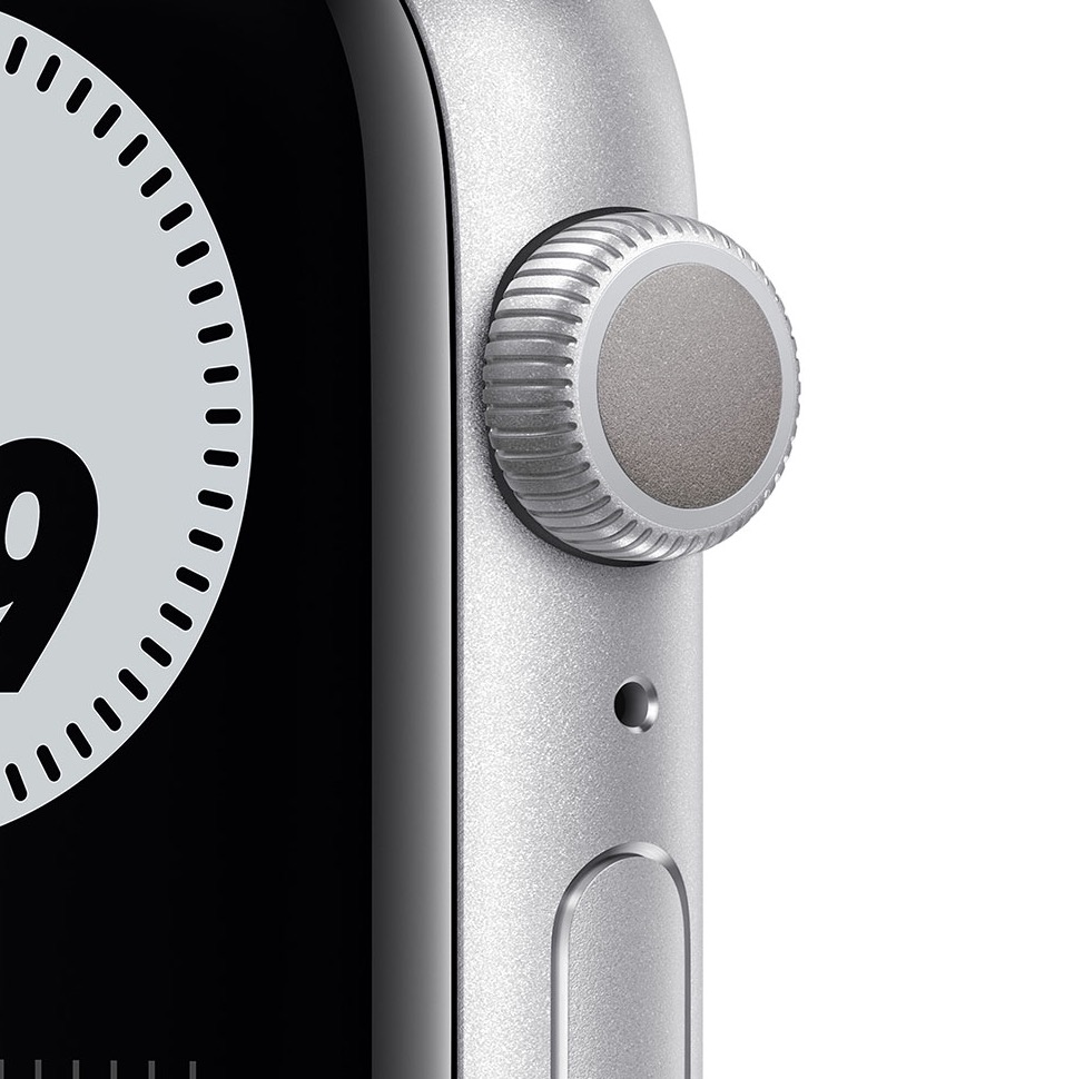 Фото — Apple Watch Nike Series 6, 44 мм, алюминий серебристого цвета, ремешок Nike «чистая платина/черный»