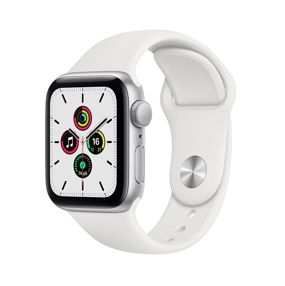 Фото — Apple Watch SE, 40 мм, алюминий серебристого цвета, спортивный ремешок белого цвета