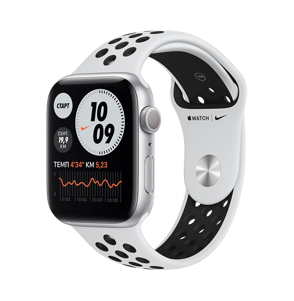 Фото — Apple Watch Nike SE, 44 мм, алюминий серебристого цвета, ремешок Nike «чистая платина/черный»