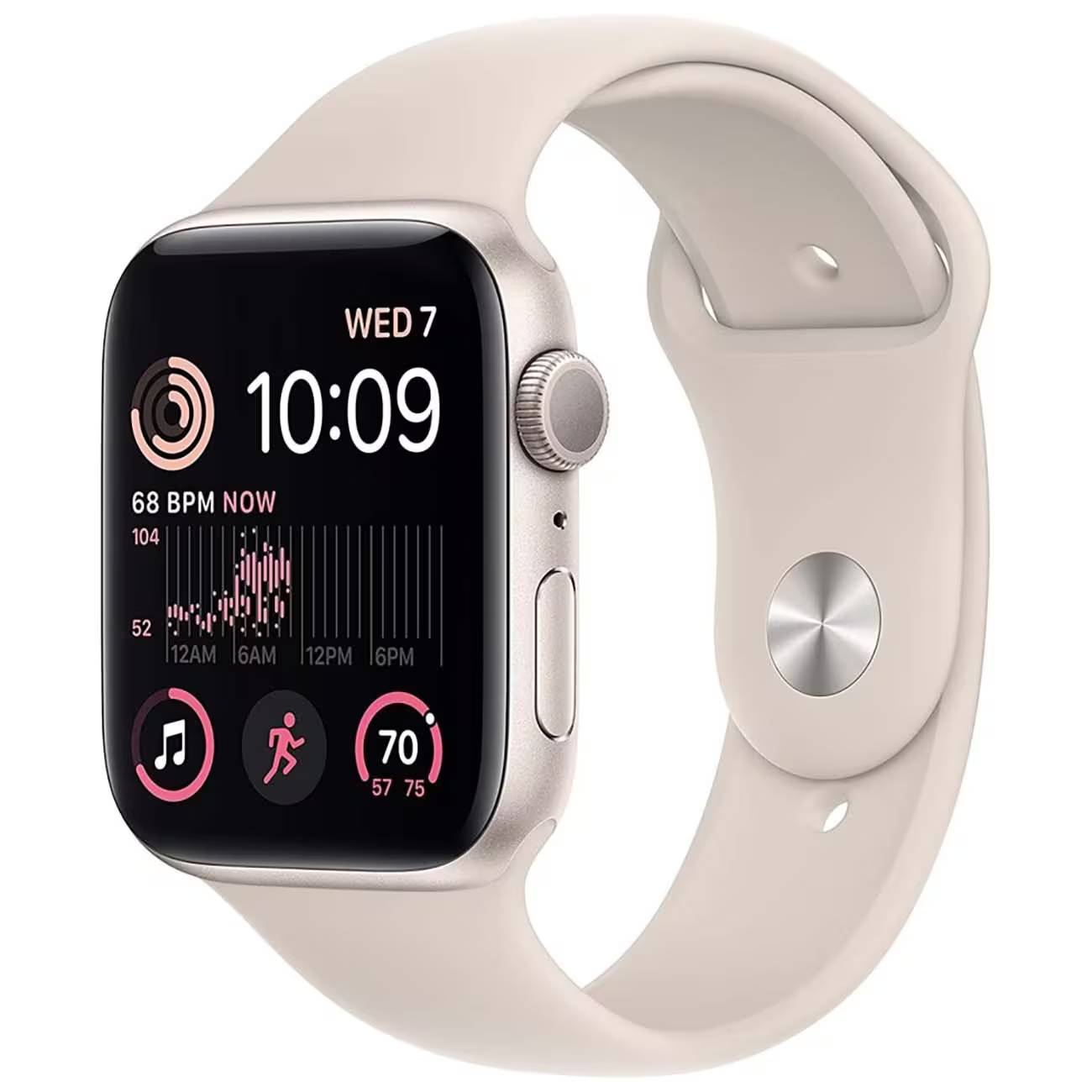 Фото — Apple Watch SE (2-е поколение), 44 мм, золотистого цвета, спортивный ремешок золотистого, M/L