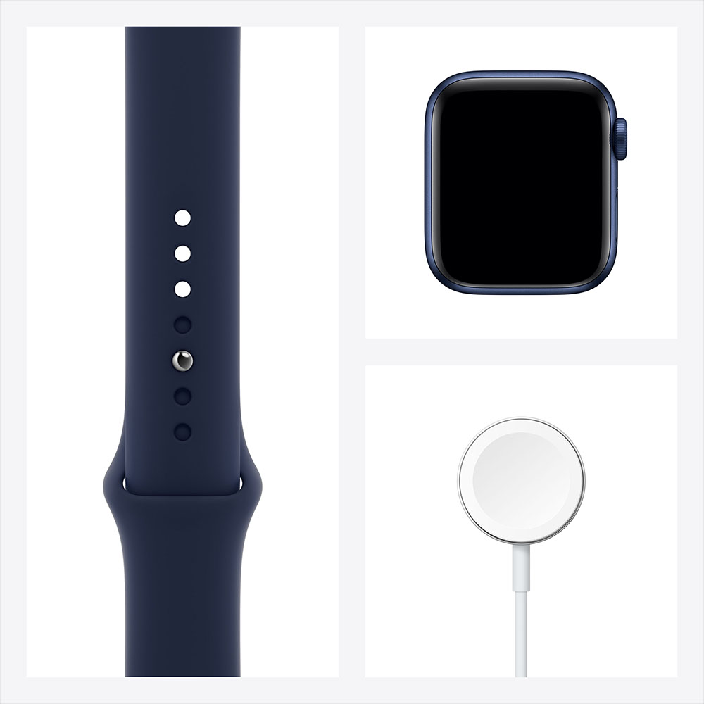Фото — Apple Watch Series 6, 40 мм, алюминий синего цвета, спортивный ремешок «темный ультрамарин»