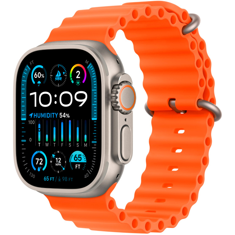 Фото — Apple Watch Ultra 2 GPS + Cellular, 49 мм, корпус из титана, ремешок Ocean оранжевого цвета