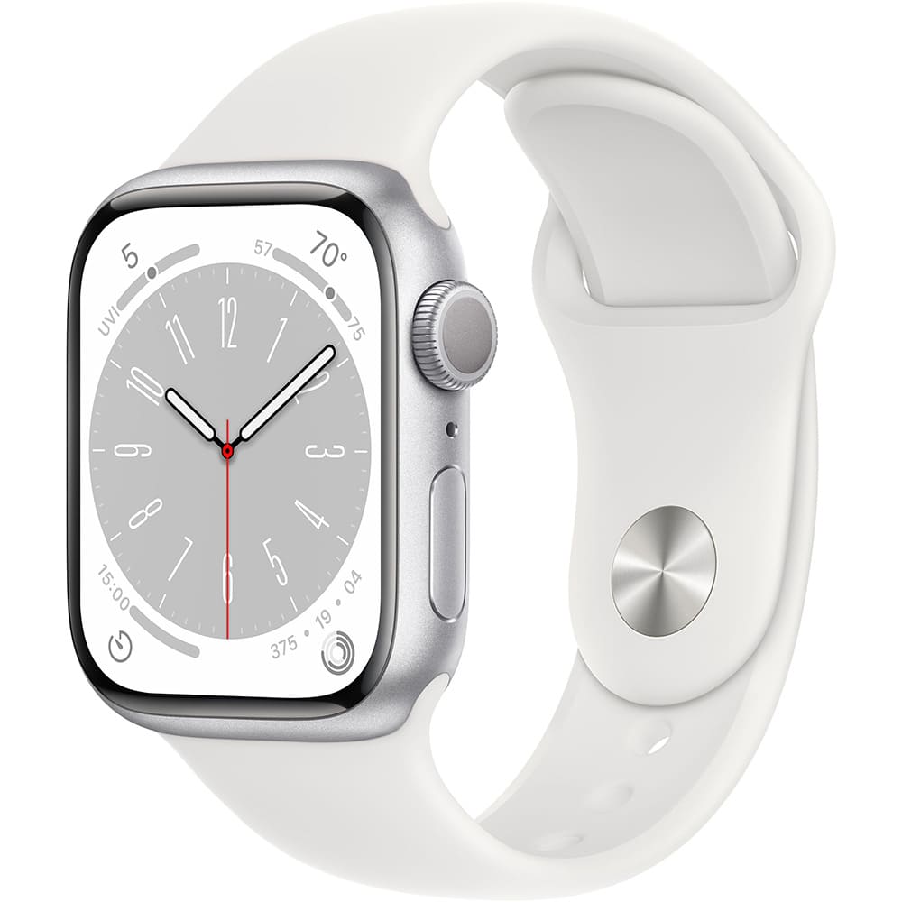 Фото — Apple Watch Series 8, 41 мм, корпус из алюминия серебристого цвета, ремешок серебристого цвета, S/M
