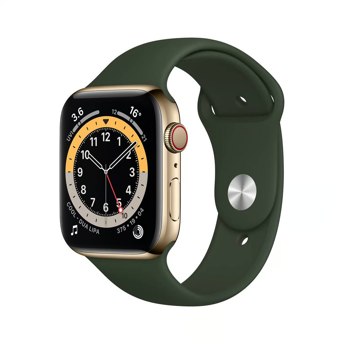 Фото — Apple Watch Series 6 GPS + Cellular, 44 мм, сталь золотого цвета, спортивный ремешок зеленый