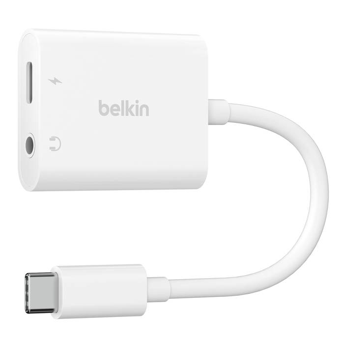 Фото — Адаптер Belkin RockStar 3.5mm Audio + USB-C Charge Adapter, белый (уценка)