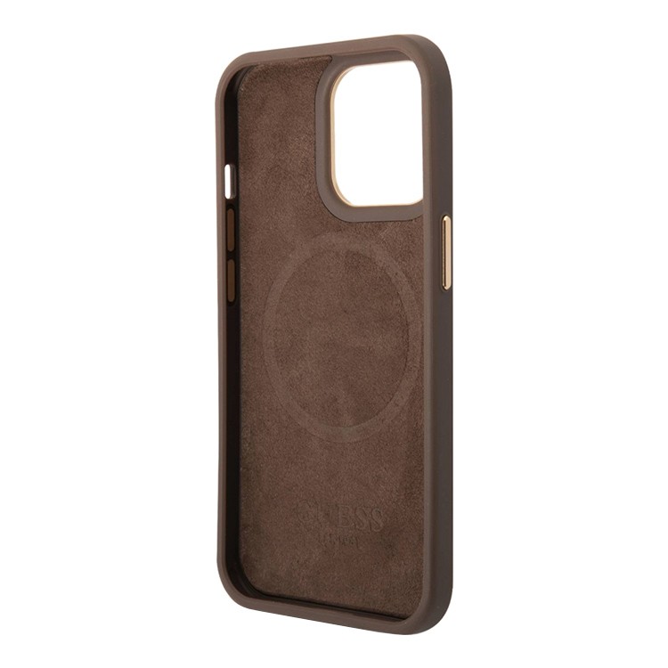 Фото — Чехол для смартфона iPhone 14 Pro Guess PU 4G Script metal logo with MagSafe, коричневый