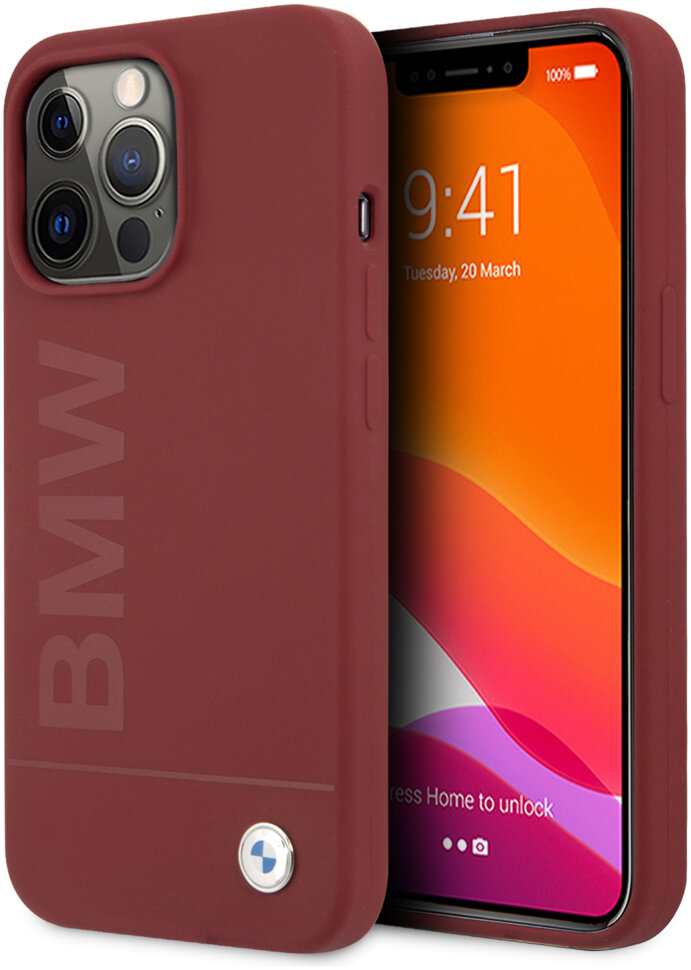 Фото — Чехол для смартфона BMW Liquid Silicone case metal logo для iPhone 13 Pro, красный