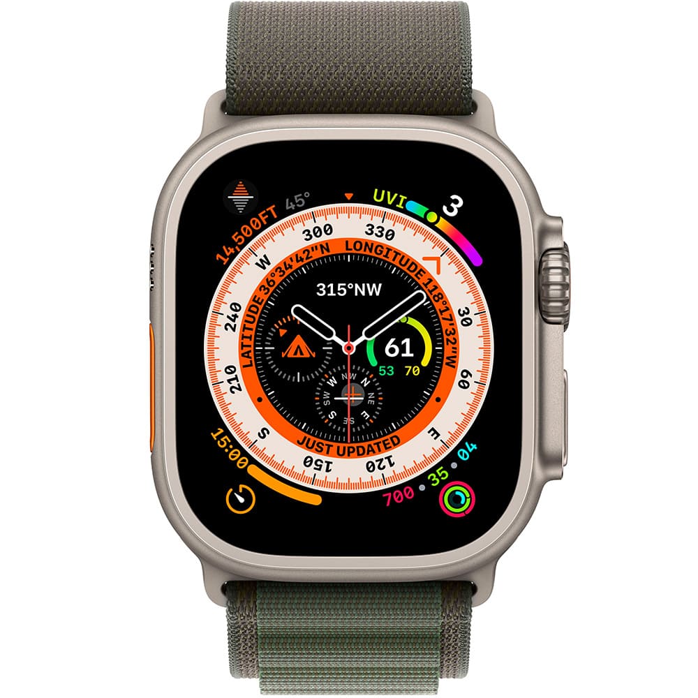 Фото — Apple Watch Ultra GPS + Cellular, 49 мм, корпус из титана, ремешок Alpine зеленого цвета S