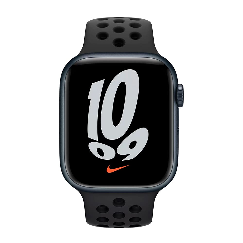 Фото — Apple Watch Nike Series 7, 45 мм, корпус «тёмная ночь», спортивный ремешок Nike