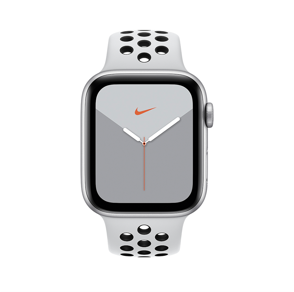 Apple Watch Nike Series 5, 44 мм, алюминий серебристого цвета, ремешок Nike «чистая платина/черный»