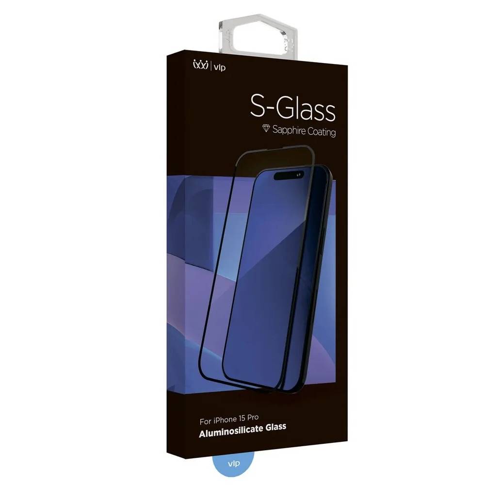 Фото — Защитное стекло для смартфона "vlp" Corning S-Glass 2.5D для iPhone 15 Pro с черной рамкой