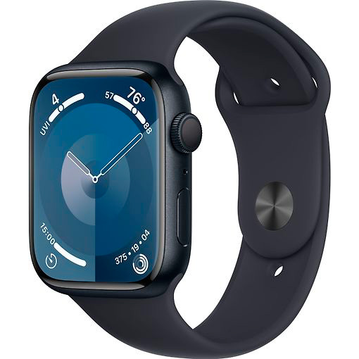 Фото — Apple Watch Series 9, 45 мм, корпус из алюминия цвета «тёмная ночь», спортивный ремешок, S/M
