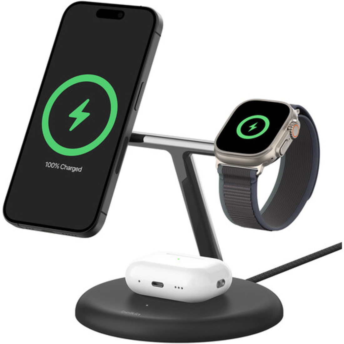 Фото — Зарядное устройство Belkin BoostCharge Pro 3-in-1 Magnetic Wireless Charging Stand with Qi2 15Вт, черный