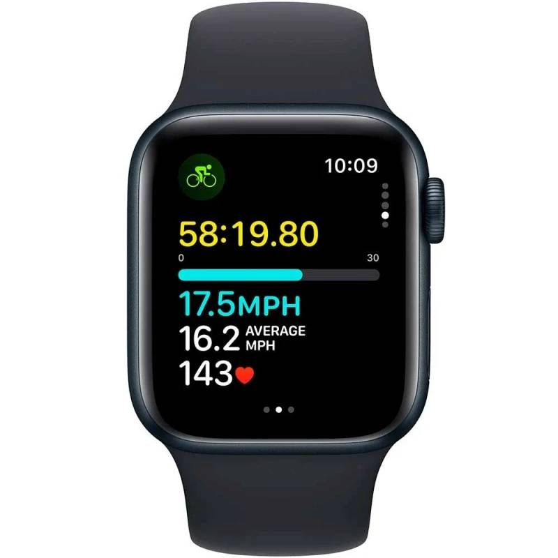 Фото — Apple Watch SE (2-е поколение 2023), 40 мм, алюминий цвета «тёмная ночь», ремешок черный, S/M