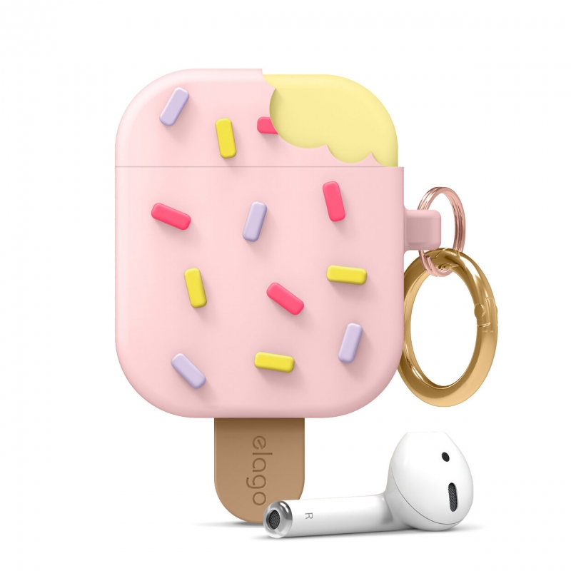 Фото — Силиконовый чехол с карабином Elago Ice Cream Silicone Hang case для AirPods 1&2, розовый