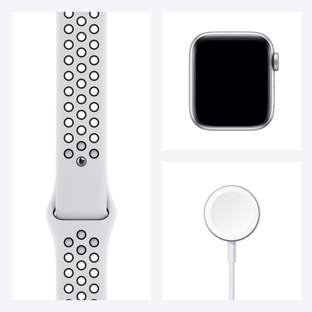 Фото — Apple Watch Nike SE, 40 мм, алюминий серебристого цвета, ремешок Nike «чистая платина/черный»
