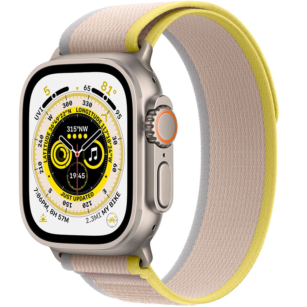Apple Watch Ultra GPS + Cellular, 49 мм, корпус из титана, ремешок Trail желтого/бежевого цвета S/M