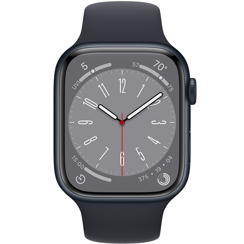 Фото — Apple Watch Series 8, 45 мм, корпус из алюминия цвета «тёмная ночь», ремешок черного цвета