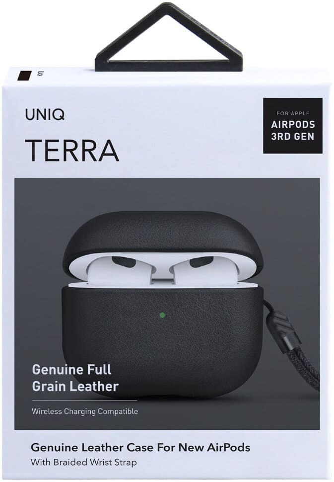 Фото — Кожаный чехол с ремешком Uniq Terra для AirPods 3, черный