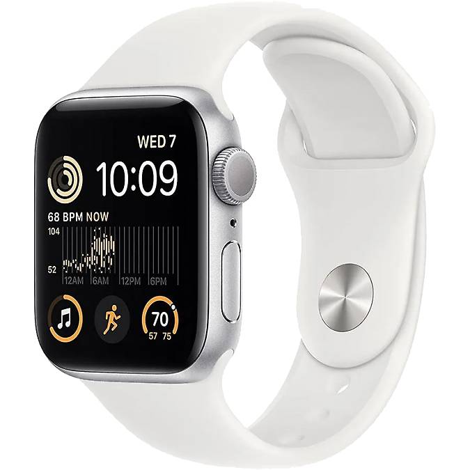Фото — Apple Watch SE (2-е поколение), 44 мм, алюминий серебристого цвета, спортивный ремешок белый, M/L
