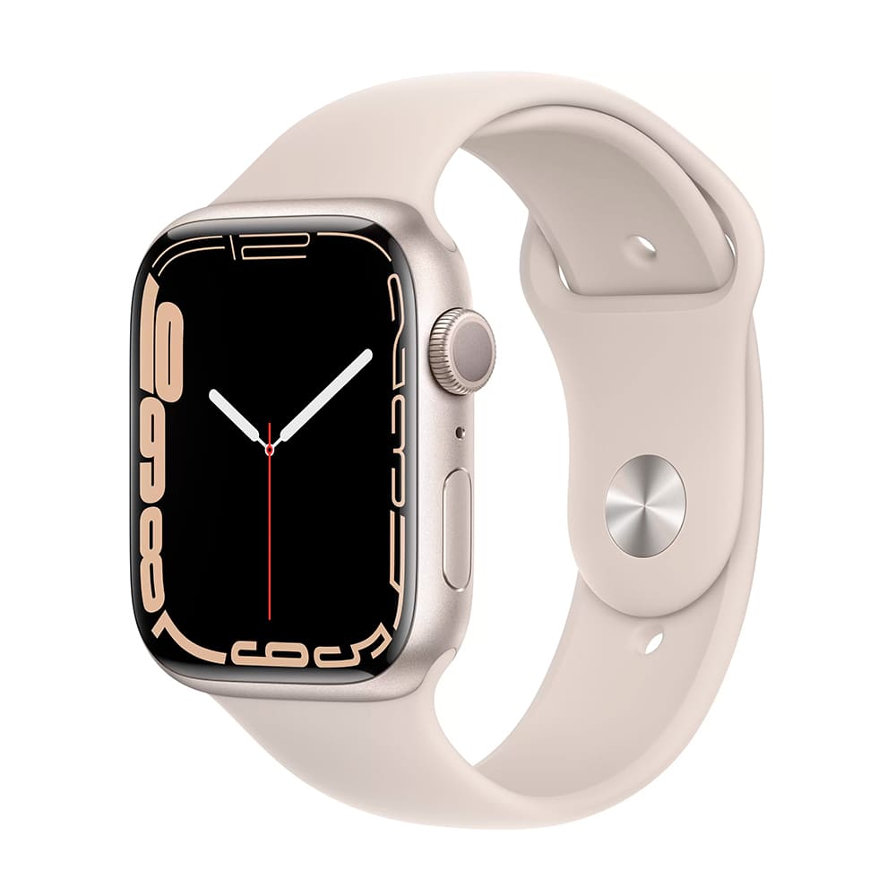 Фото — Apple Watch Series 7, 45 мм, корпус «сияющая звезда», спортивный ремешок «сияющая звезда»