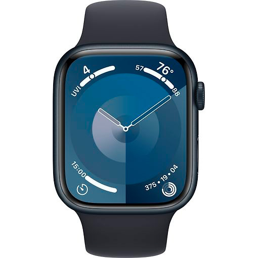 Фото — Apple Watch Series 9, 45 мм, корпус из алюминия цвета «тёмная ночь», спортивный ремешок, S/M