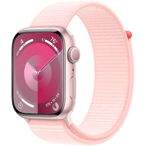 Фото — Apple Watch Series 9, 45 мм, корпус из алюминия розового цвета, плетеный ремешок