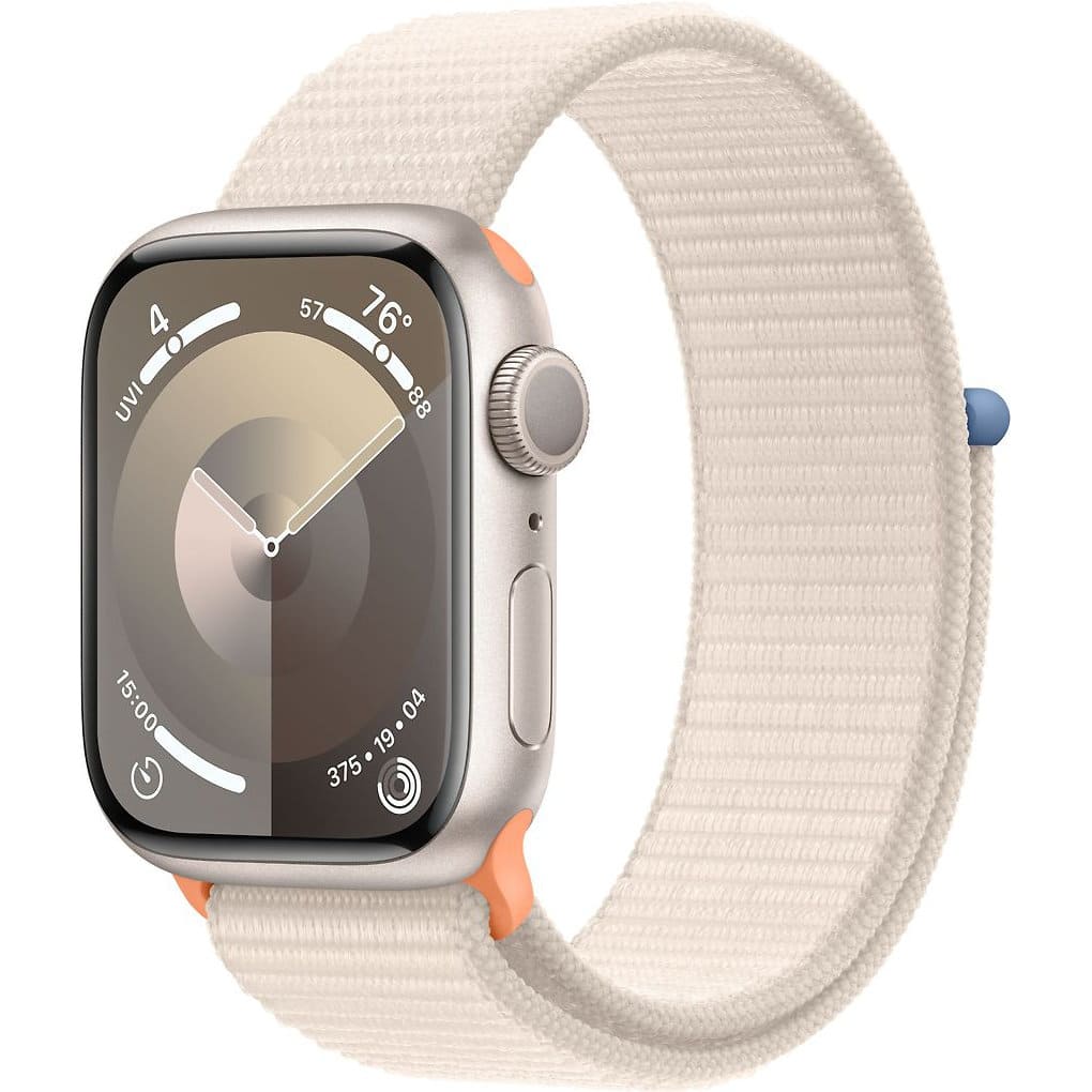 Фото — Apple Watch Series 9, 41 мм, корпус из алюминия цвета «сияющая звезда», плетеный ремешок