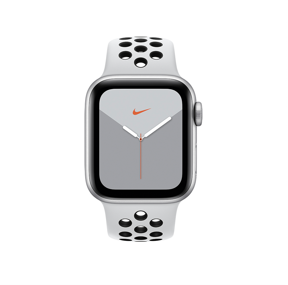 Фото — Apple Watch Nike Series 5, 40мм, алюминий серебристого цвета, ремешок Nike «чистая платина/черный»