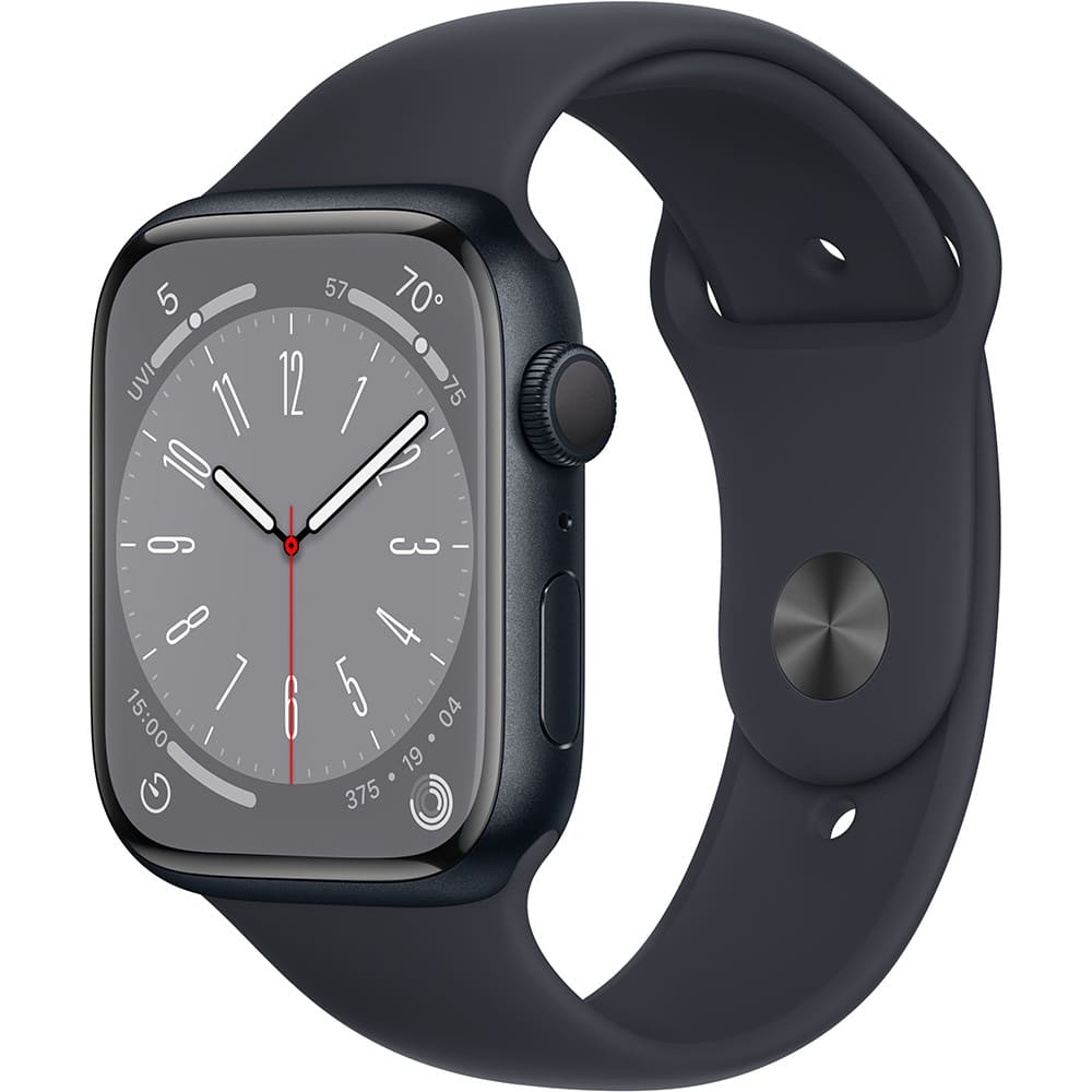 Фото — Apple Watch Series 8, 45 мм, корпус из алюминия цвета «тёмная ночь», ремешок черного цвета, S/M