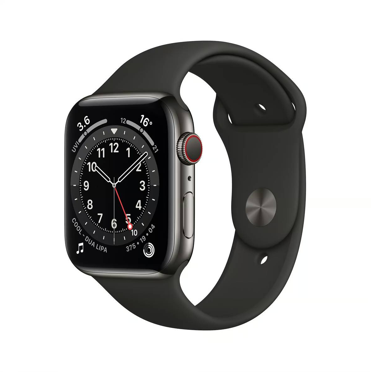Фото — Умные часы Apple Watch Series 6 GPS + Cellular, 40 мм, сталь цвета графит, спортивный ремешок черный