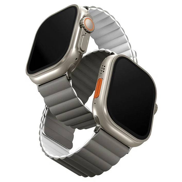 Фото — Ремешок для смарт-часов Uniq Apple Watch 49/45/44/42 mm Revix Premium Ed. Leather/Silicone, серый