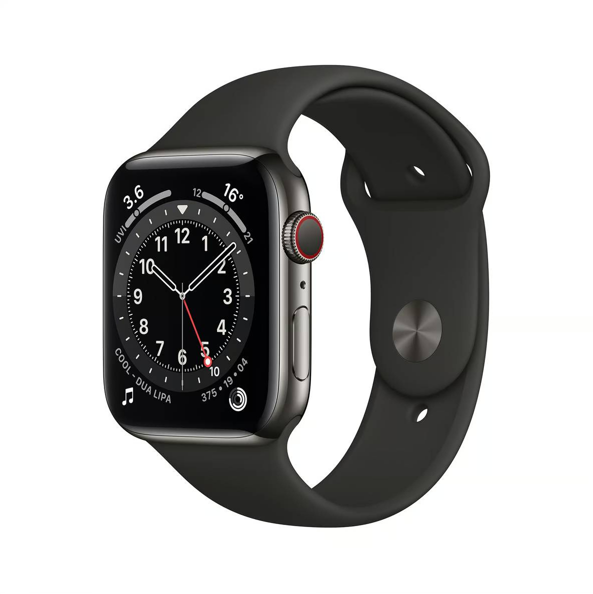 Фото — Умные часы Apple Watch Series 6 GPS + Cellular, 40 мм, сталь цвета графит, спортивный ремешок черный (уценка)