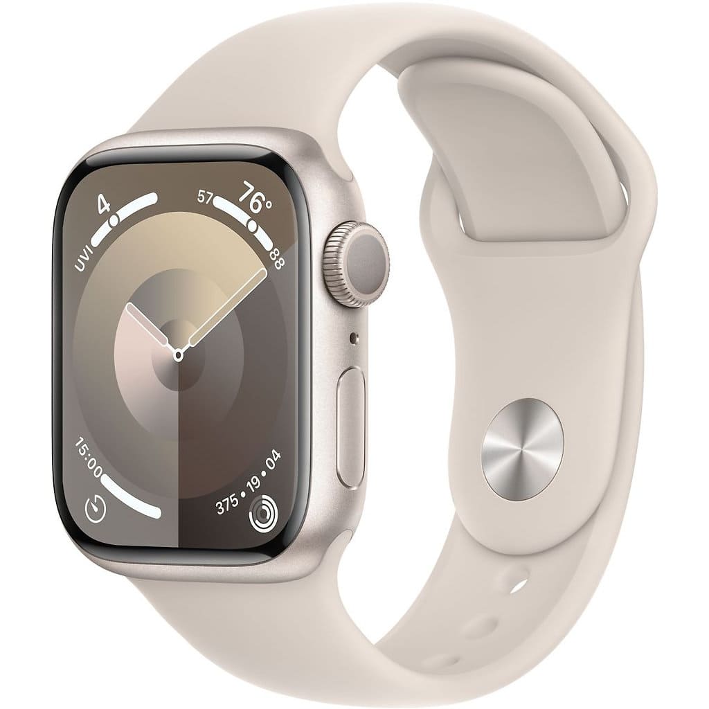 Фото — Apple Watch Series 9, 41 мм, корпус из алюминия цвета «сияющая звезда», спортивный ремешок, S/M
