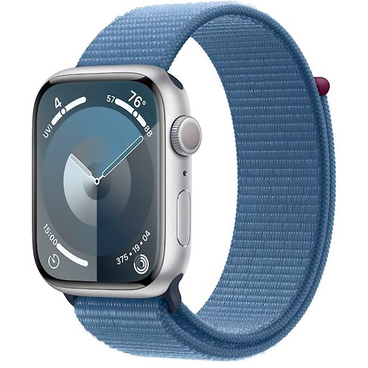 Фото — Apple Watch Series 9, 45 мм, корпус из алюминия серебристого цвета, плетеный ремешок синего цвета