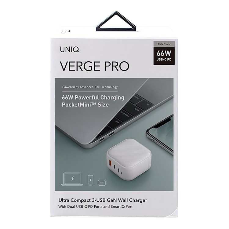 Фото — Зарядное устройство Uniq Verge Pro GaN66 2 USB-C + USB-A 66W, белый