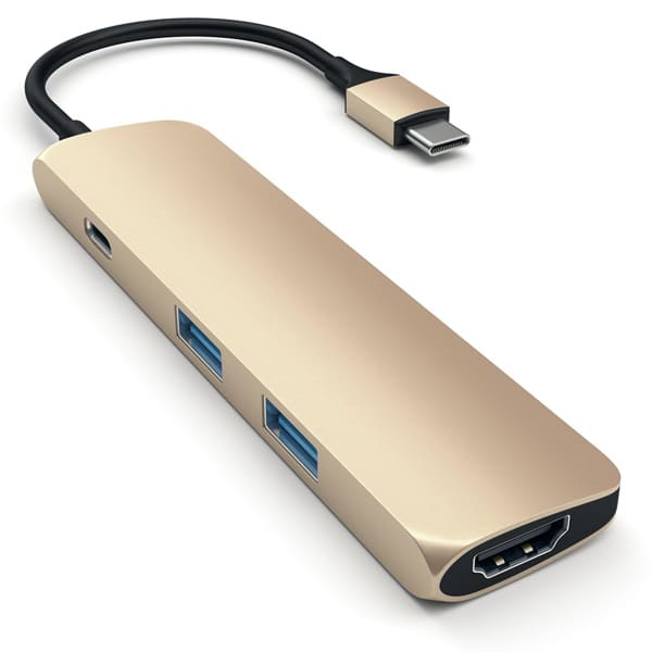 Фото — Адаптер Satechi Slim Aluminum Type-C Multi-Port Adapter + встроенный кабель USB-C, золотой