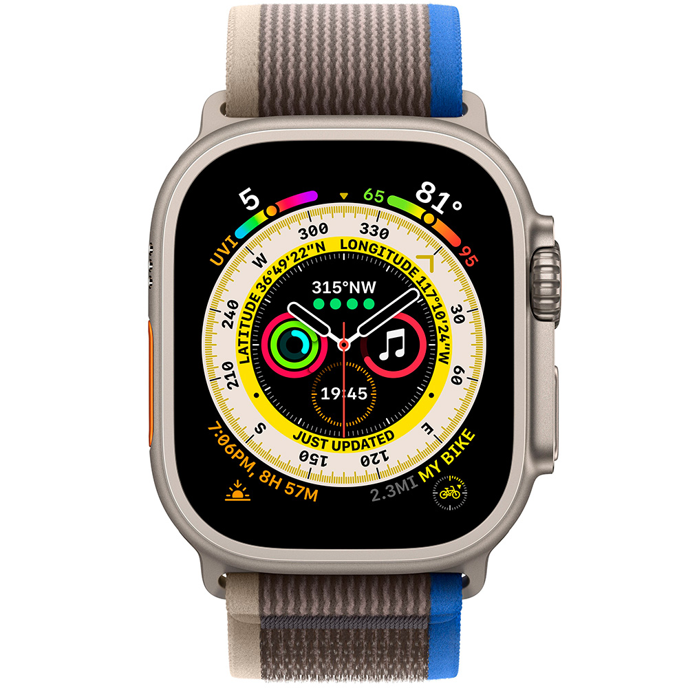 Фото — Apple Watch Ultra GPS + Cellular, 49 мм, корпус из титана, ремешок Trail синего/серого цвета M/L
