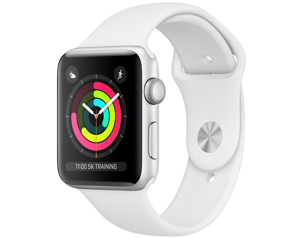 Фото — Apple Watch Series 3, 38 мм, алюминий серебристого цвета, спортивный ремешок белого цвета